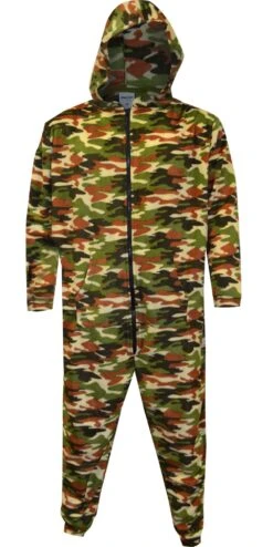 Green Camo Print Mens Hooded Fleece Onesie(Green Camo Print Mens Hooded Fleece Onesie)