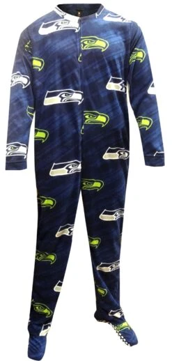 Seattle Seahawks Navy Blue One Piece Footie Pajama(Seattle Seahawks Navy Blue One Piece Footie Pajama)
