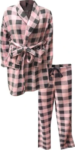 Soft Pink And Gray Buffalo Plaid Print Plush Robe And Loungepant Set(Soft Pink And Gray Buffalo Plaid Print Plush Robe And Loungepant Set)