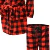 Red And Black Buffalo Plaid Print Plush Robe And Loungepant Set(Red And Black Buffalo Plaid Print Plush Robe And Loungepant Set) -Cozy Vibes Store tp4320r 1