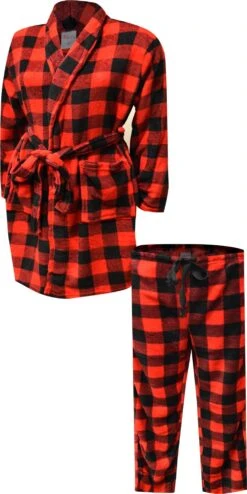Red And Black Buffalo Plaid Print Plush Robe And Loungepant Set(Red And Black Buffalo Plaid Print Plush Robe And Loungepant Set)