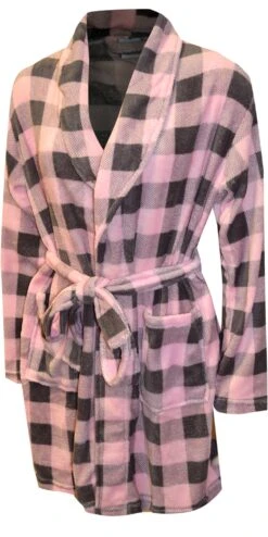 Soft Pink And Gray Buffalo Plaid Print Plush Robe(Soft Pink And Gray Buffalo Plaid Print Plush Robe)