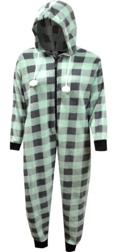 Mint Green And Gray Buffalo Plaid Print Hooded Onesie(Mint Green And Gray Buffalo Plaid Print Hooded Onesie)