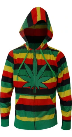 Weedman Ganja Rasta Stripe Zip Front Hoodie Sweatshirt(Weedman Ganja Pot Leaf Rasta Stripe Zip Front Hoodie Sweatshirt)